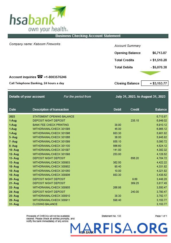 Downloadable HSA Bank enterprise account statement Word and PDF template